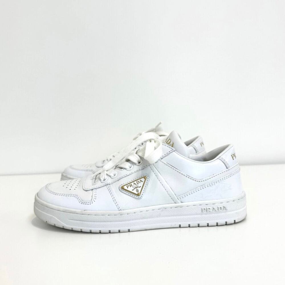 PRADA White Downtown Low Top Leather Sneakers 37.5 Enameled Triangle Gold Logo